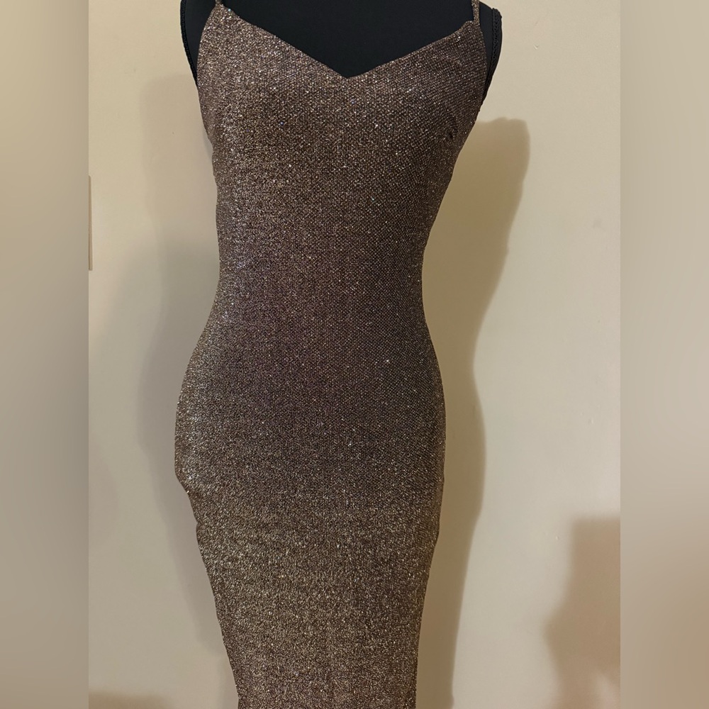 Shimmer Fitted Midi Dress in Metallic Bronze